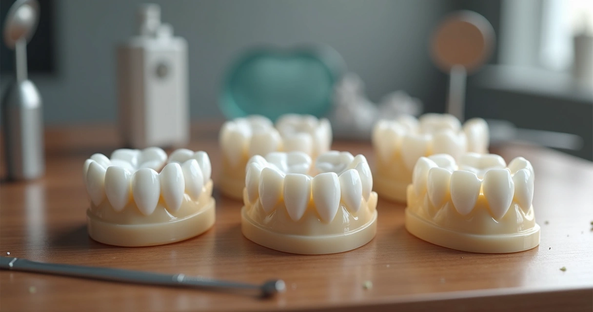 Modelos de próteses dentárias em zircônia e resina sobre mesa de dentista 