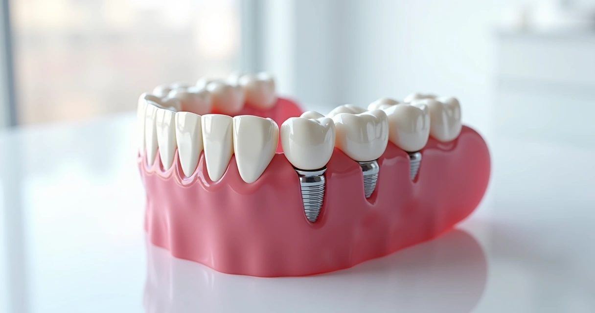 Prótese fixa moderna sobre seis implantes dentários em arcada inferior com gengivas saudáveis e fundo clínico branco 