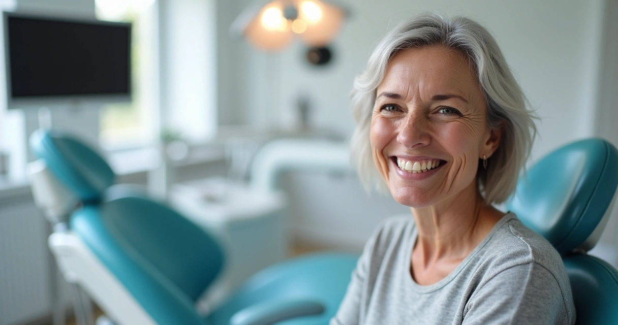 Paciente sorrindo usando prótese flexível em consultório
