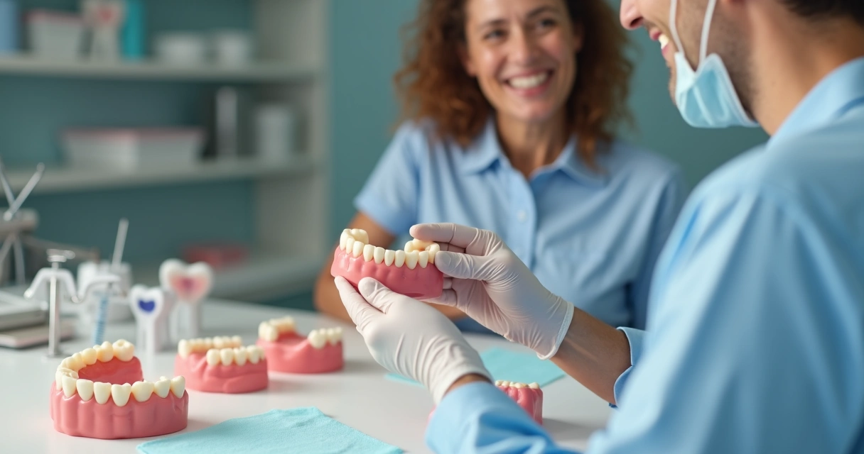 Close-up de prótese flexível sendo ajustada em paciente sorrindo 