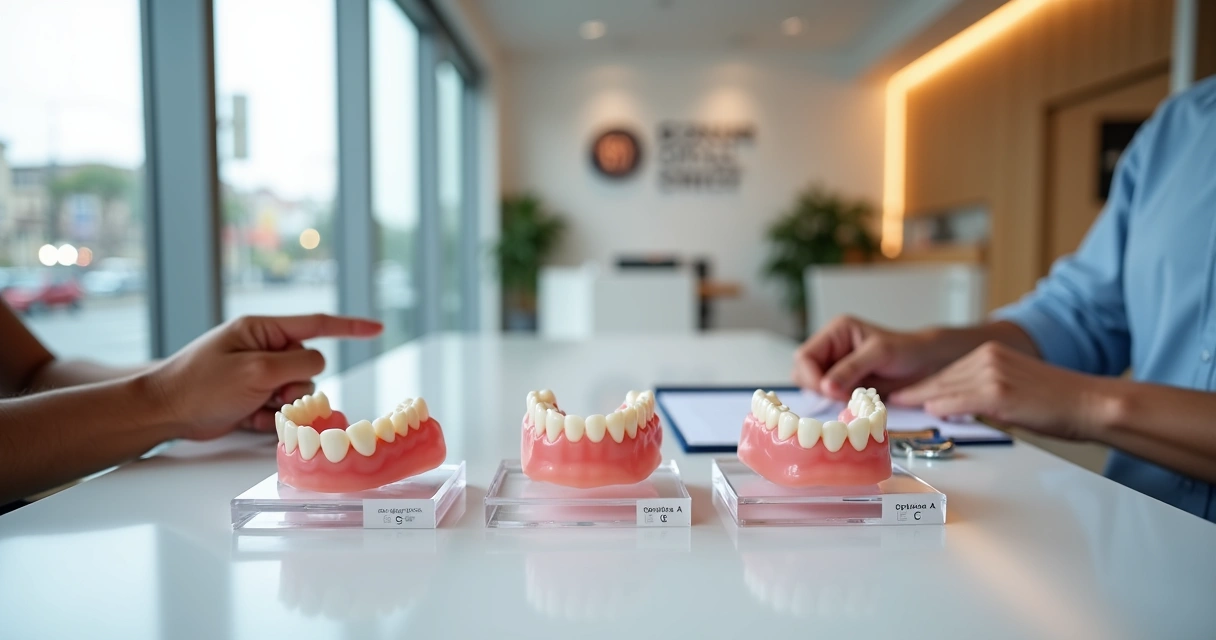 Pessoa escolhendo entre diferentes modelos de prótese flexível sobre bancada de consultório 