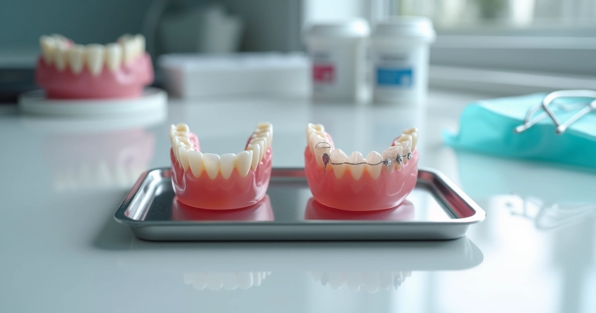 Próteses flexível e acrílica lado a lado em bandeja odontológica branca 