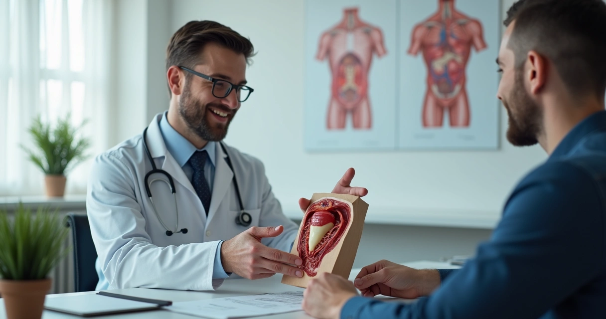 Médico andrologista mostrando modelo anatômico de prótese peniana 
