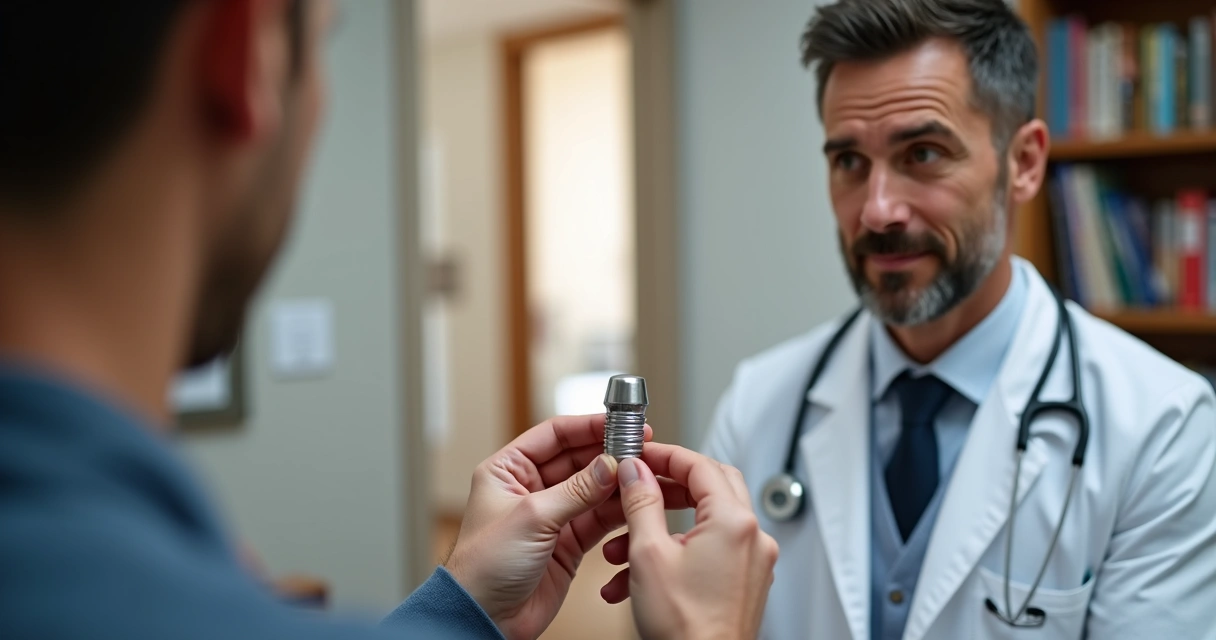 Paciente segura modelo de prótese peniana enquanto médico explica detalhes 