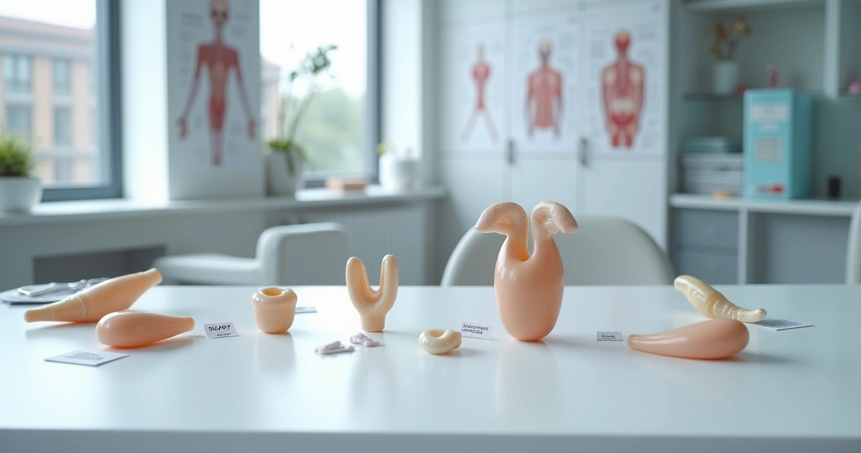 Modelos de prótese peniana expostos em bancada de consultório médico 