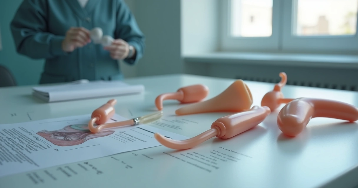 Modelos de próteses penianas sobre mesa em consultório médico 