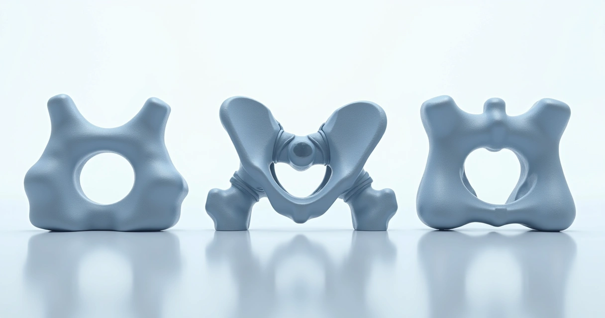 Ilustração de próteses de quadril modernas com diferentes combinações de materiais em fundo branco 