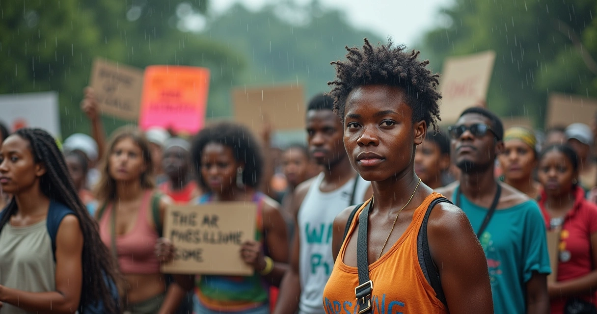 Manifestantes com cartazes sobre combustíveis fósseis na COP30 
