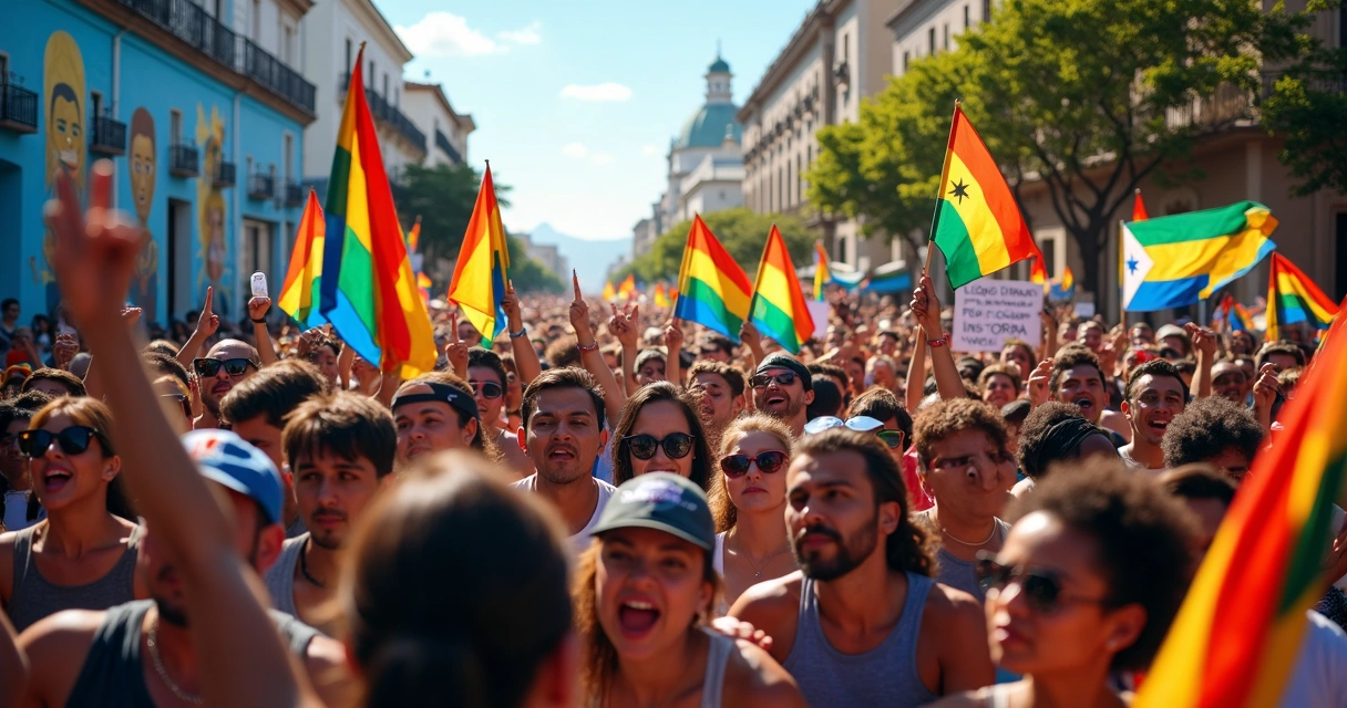 Manifestação popular com bandeiras, cartazes e diversidade étnica nas ruas 