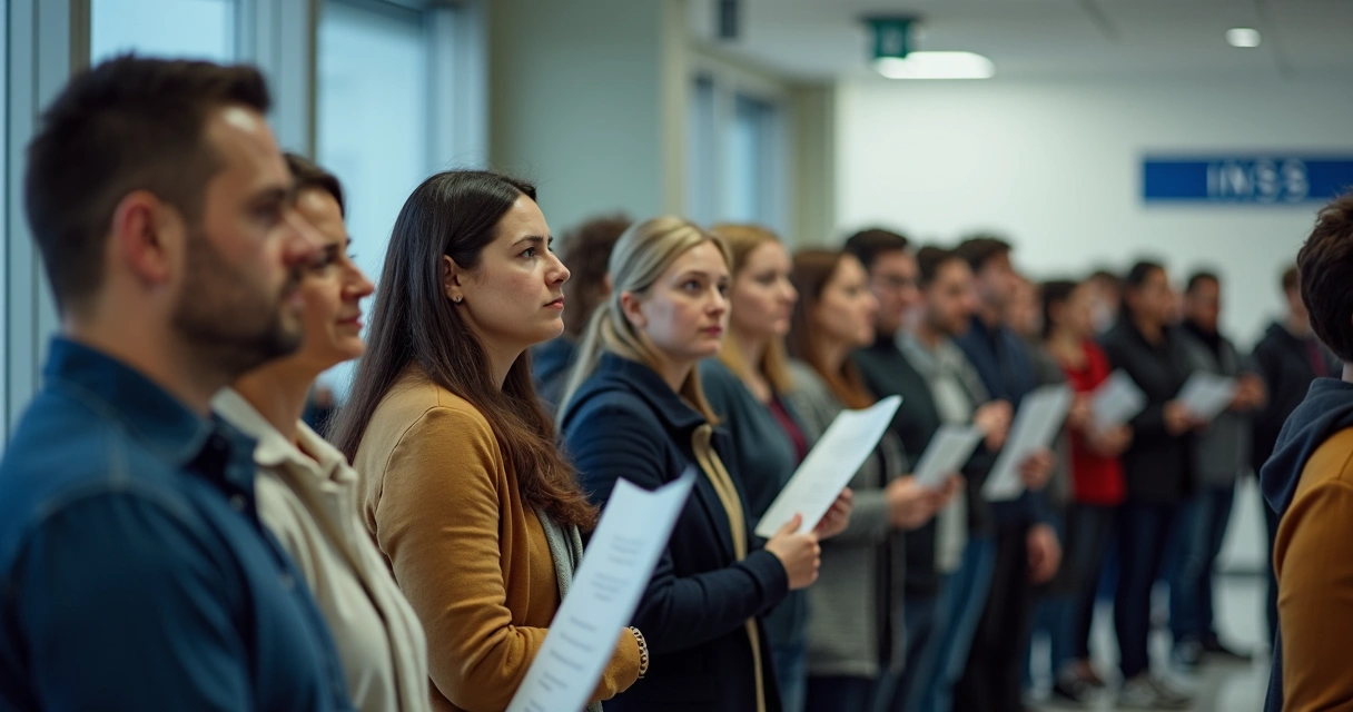 Pessoas reunidas segurando documentos, aguardando atendimento em agência do INSS