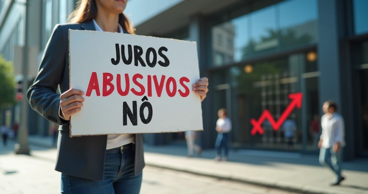 Pessoa segura cartaz sobre juros abusivos em frente a prédio de banco 