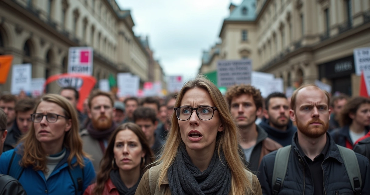 Multidão protestando em rua de cidade, pessoas seguram cartazes e há clima de tensão 