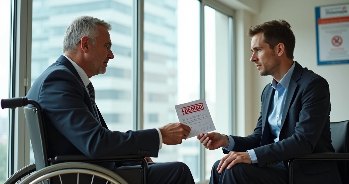 Pessoa sentada em cadeira de rodas segurando documento recusado por representante de plano de saúde, expressão de preocupação 