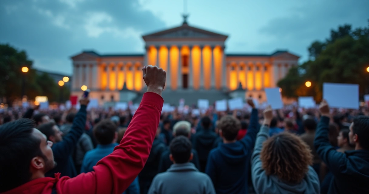 Multidão em protesto com expressões de raiva segurando cartazes diante do congresso 