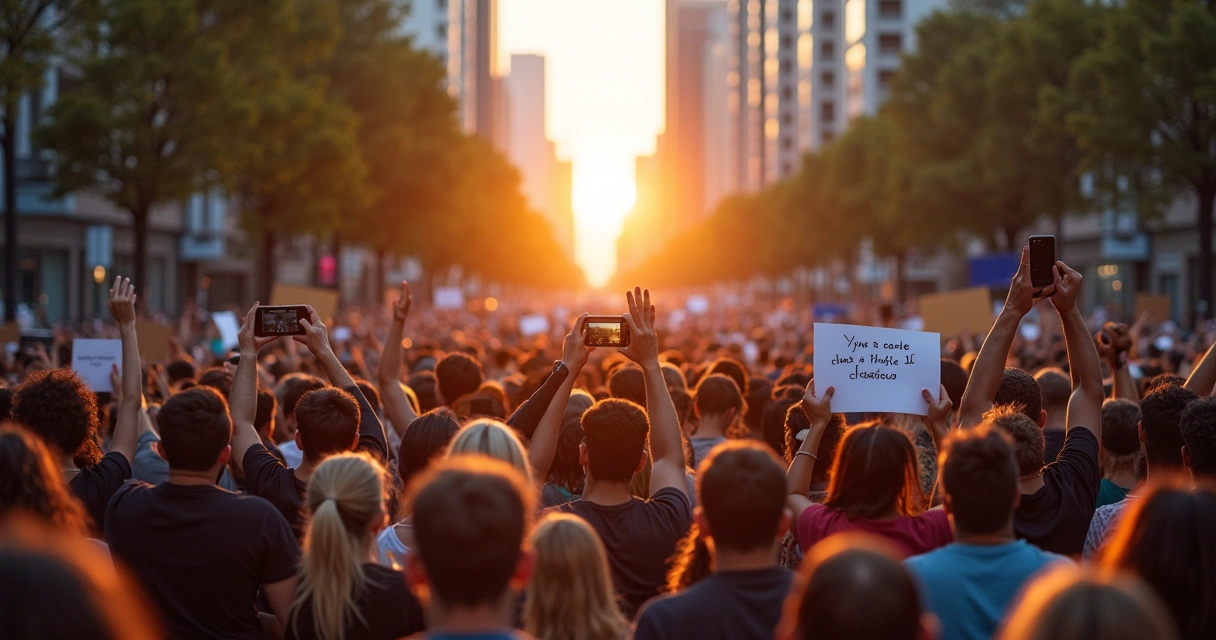 Movimentação de pessoas em protesto pacífico em avenida moderna 