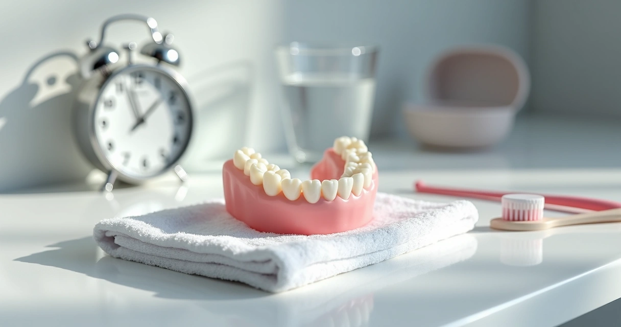 Mão segurando prótese flexível ao lado de escova e relógio sobre bancada branca 