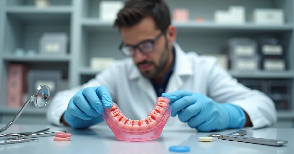 Técnico odontológico analisando detalhadamente uma prótese dentária flexível sobre a mesa 