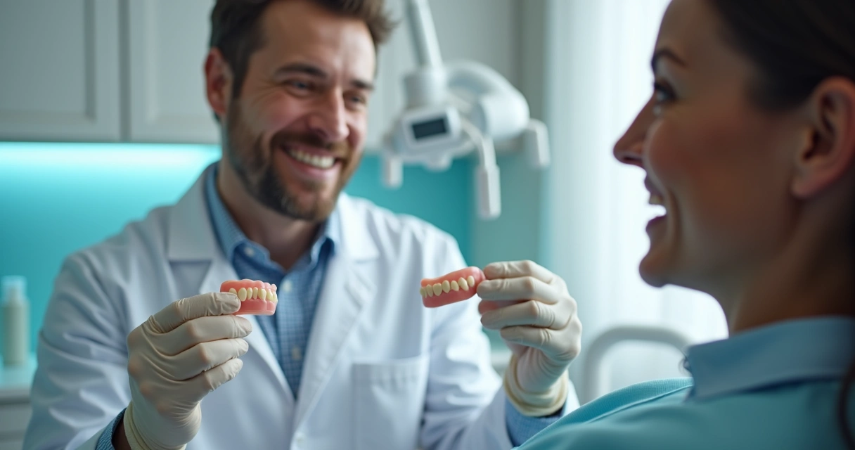 Dentista mostrando prótese flexível para paciente em consultório odontológico