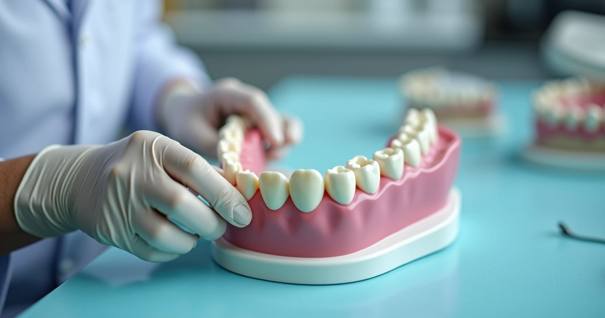 Protético ajustando prótese flexível para idoso em bancada