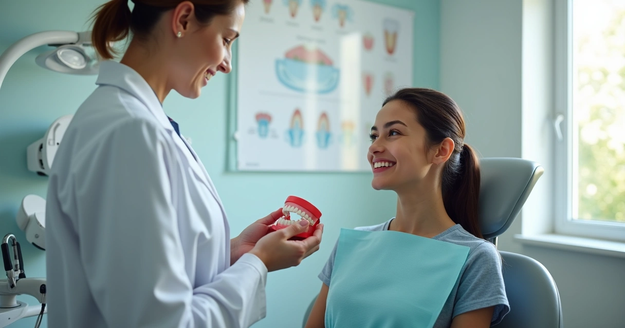 Dentista orientando paciente sobre prótese protocolo em consultório