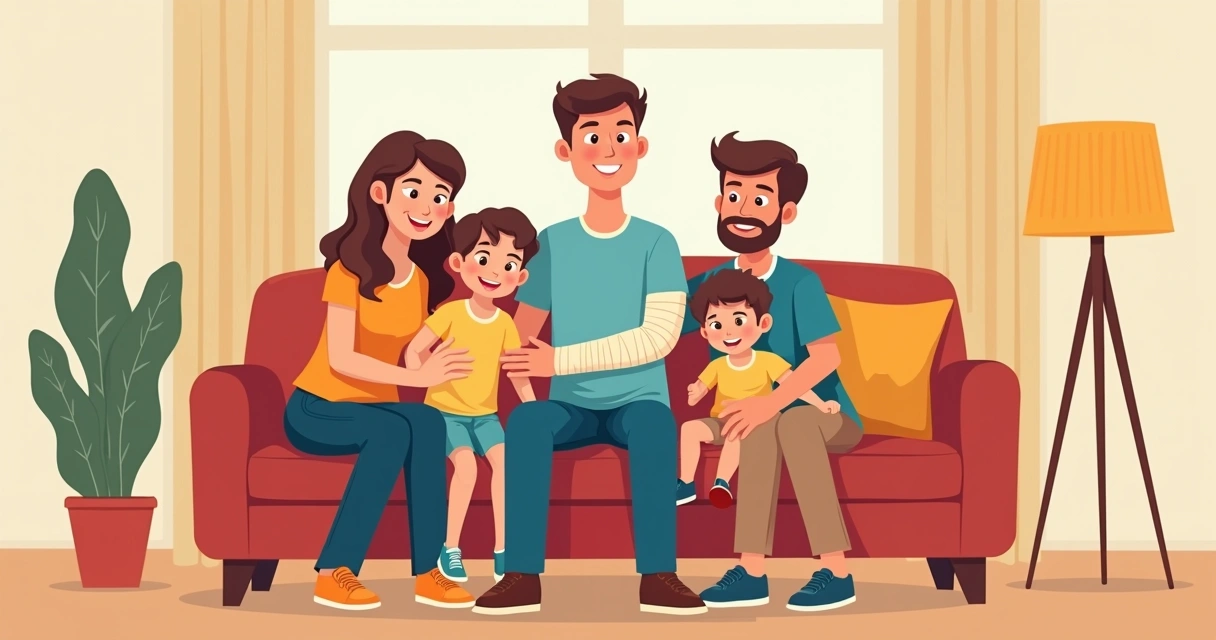 Família reunida, adulto com braço enfaixado ao centro 