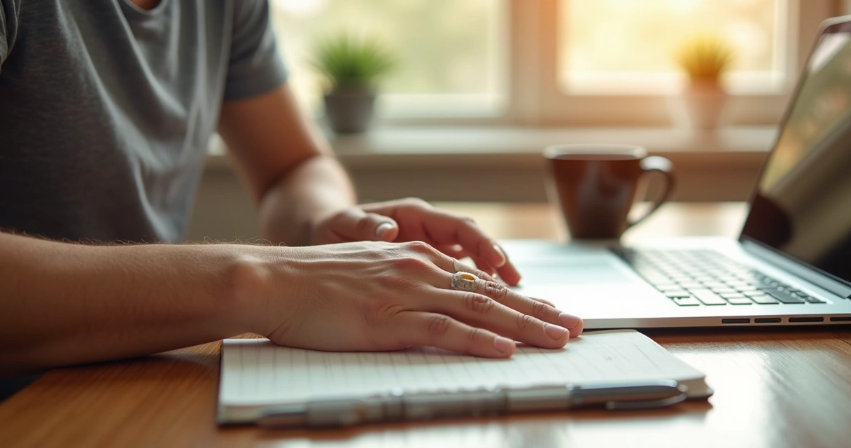 Pessoa aplicando protetor solar nas mãos sobre mesa com objetos de trabalho