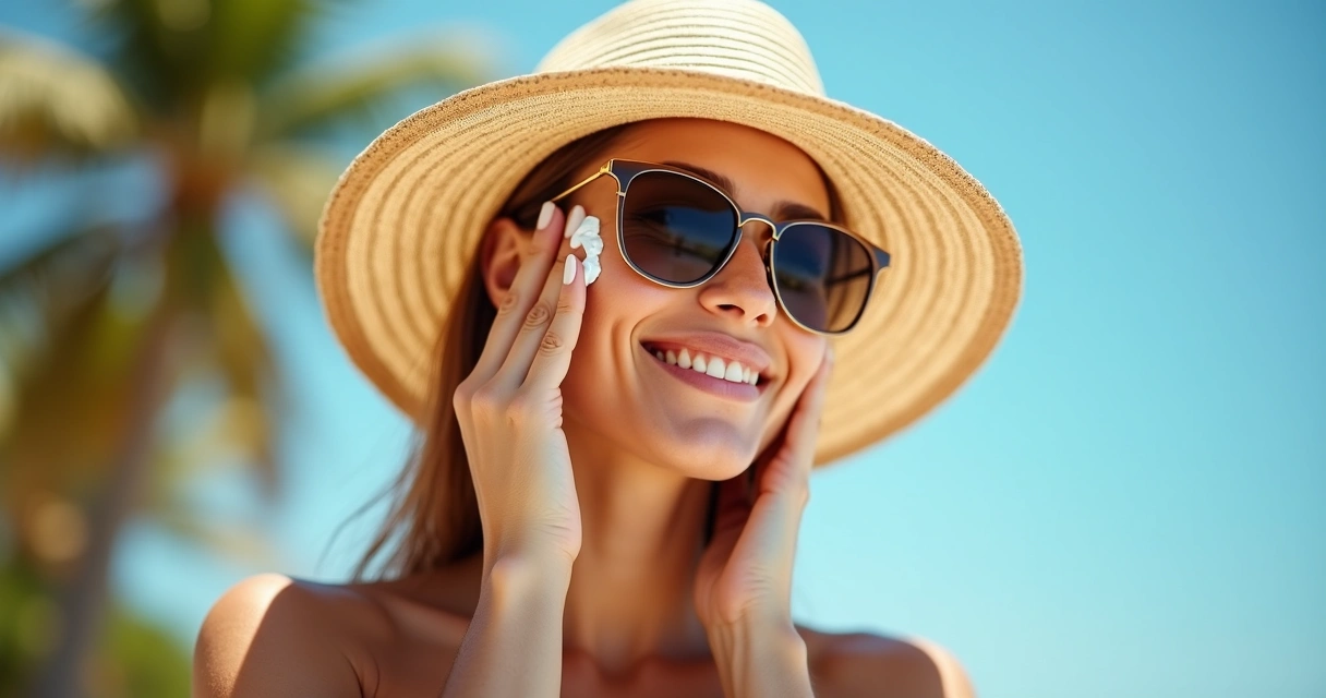 Pessoa aplicando protetor solar no rosto usando chapéu e óculos escuros em dia de sol intenso 