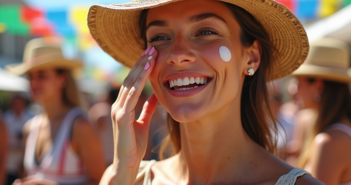 Aplicação de protetor solar em festa junina ao ar livre 