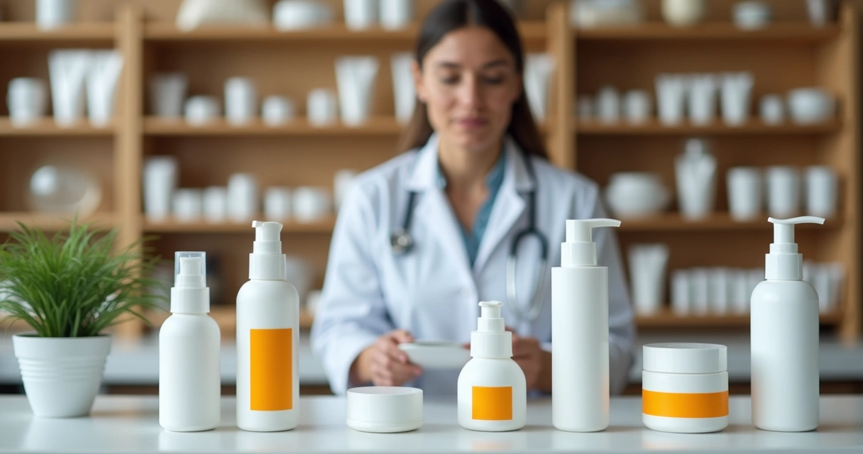 Frascos de protetor solar manipulado em bancada de farmácia 