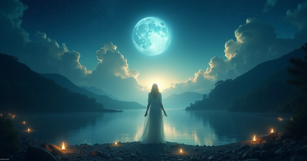 Uma cena mística com uma figura luminosa simbolizando protetores espirituais, em um ambiente sereno e noturno.