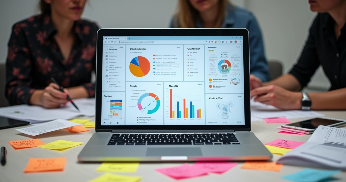 Protótipo de dashboard em laptop cercado por post-its e anotações de feedback 