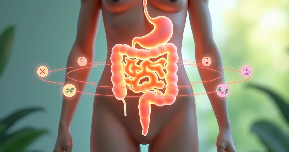 Ilustração realista do intestino humano saudável com ícones explicando as etapas do protocolo 6R 