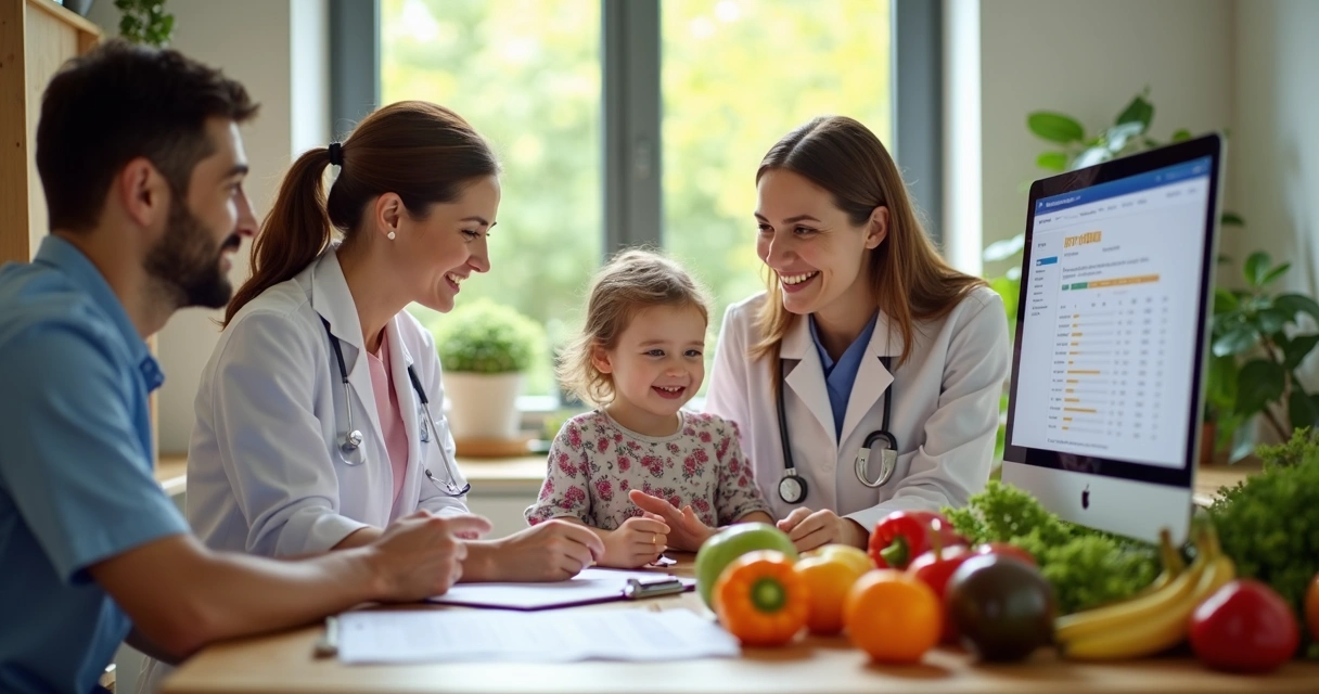Nutricionista aconselhando pais e criança durante consulta nutricional