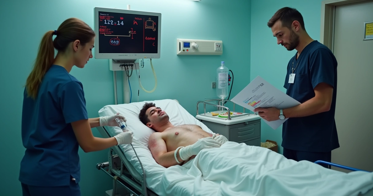 Equipe de emergência aplicando adrenalina intramuscular em paciente com anafilaxia em sala de pronto atendimento 