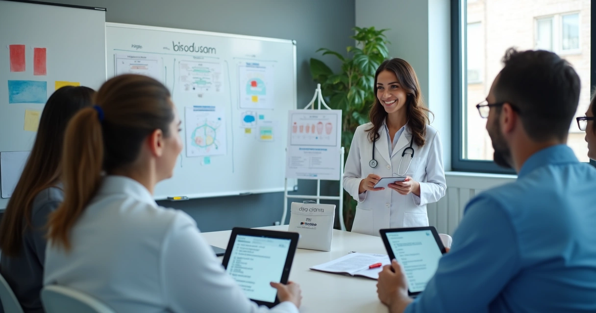 Equipe de clínica odontológica reunida em treinamento de atendimento, usando tablets com checklists 