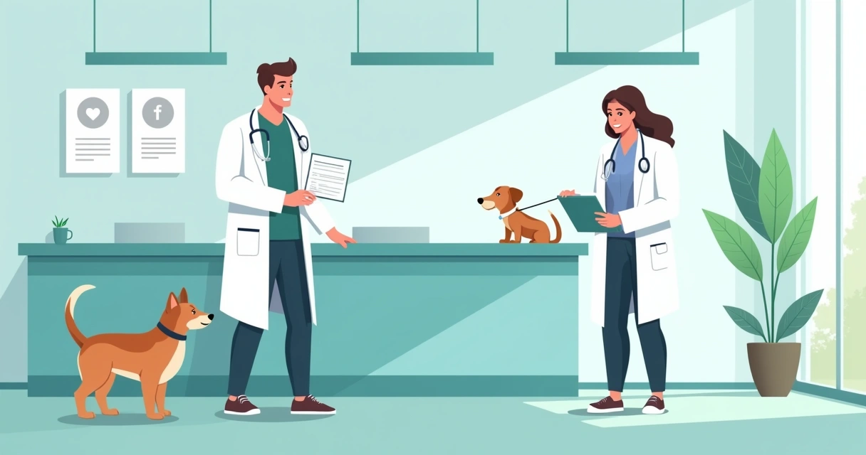 Profissional veterinário explicando protocolo de consulta para tutor na recepção 