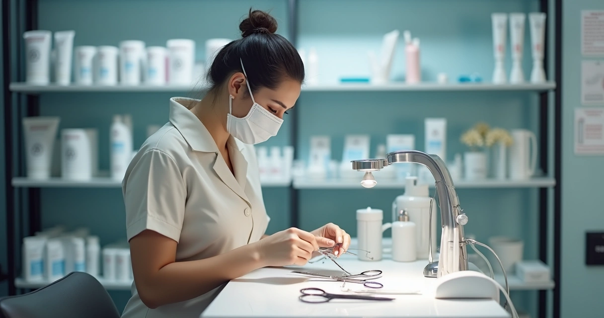 Profissional de salão de beleza higienizando materiais em bancada limpa 