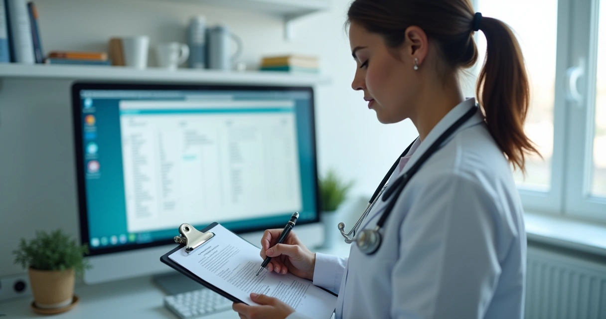 Profissional da saúde preenchendo checklist em clínica com prontuário eletrônico ao fundo 