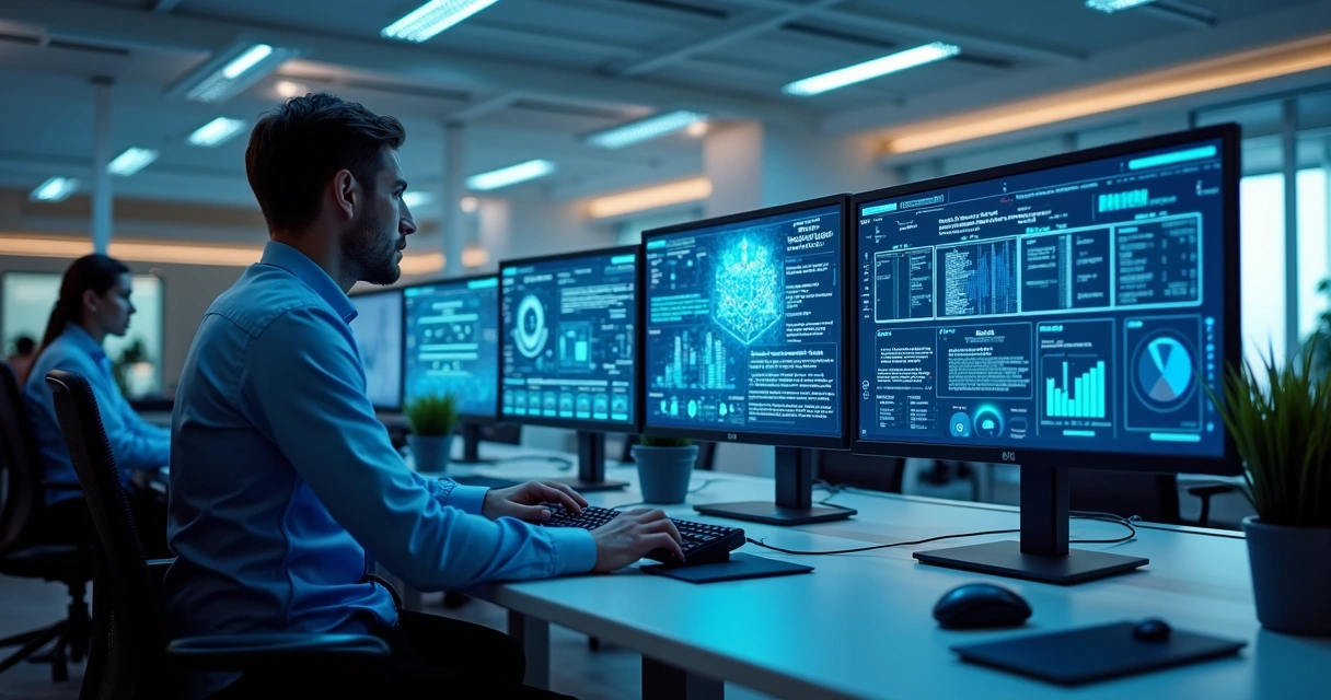 Equipe de TI de empresa implementa práticas e protocolos de cibersegurança, com tela mostrando mapas de ameaças digitais