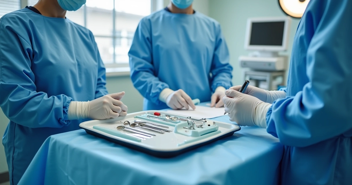 Equipe médica revisando checklist de segurança antes de procedimento