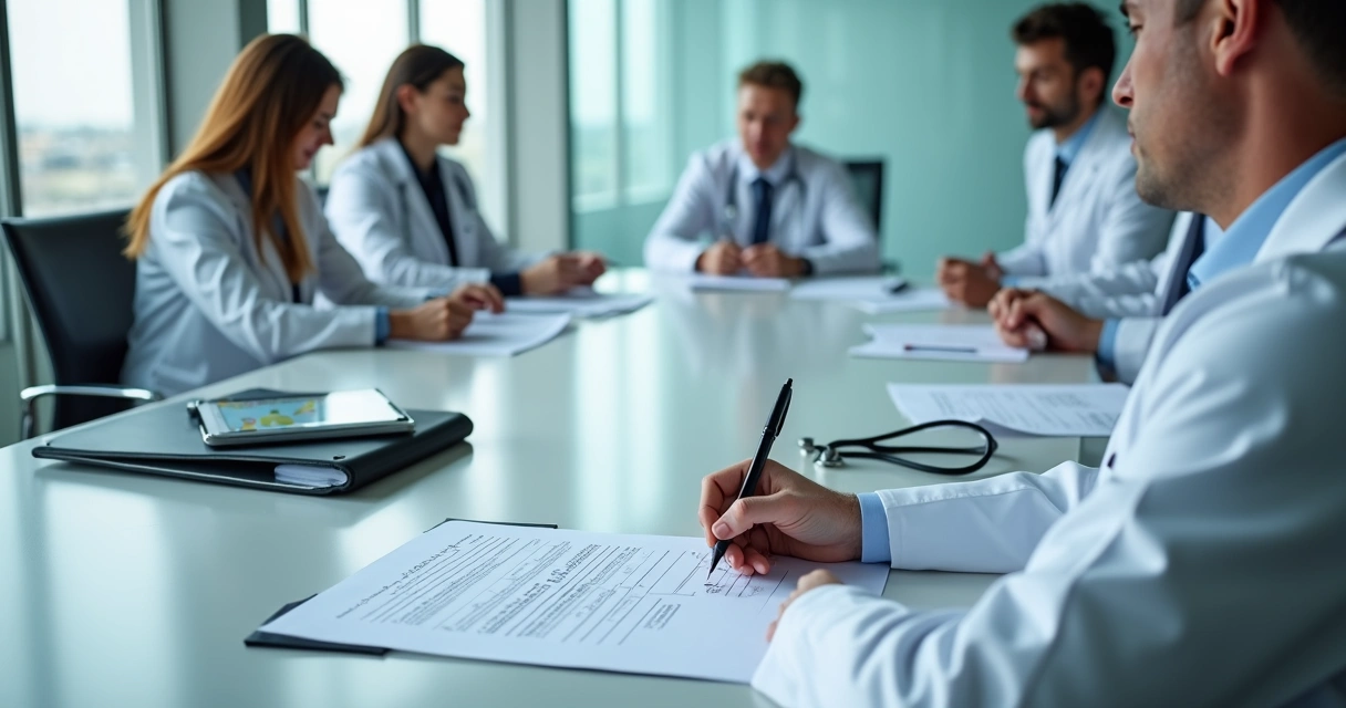 Equipe médica revisando protocolo clínico impresso em sala de reunião 
