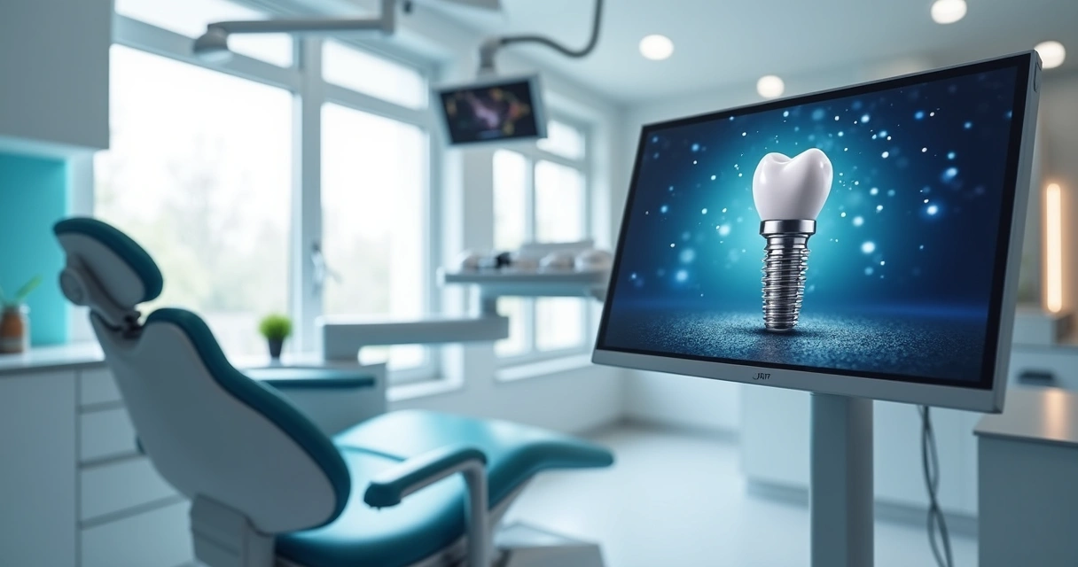 Consultório odontológico moderno com cadeira dentária equipada e tela digital exibindo imagem de implante dentário 