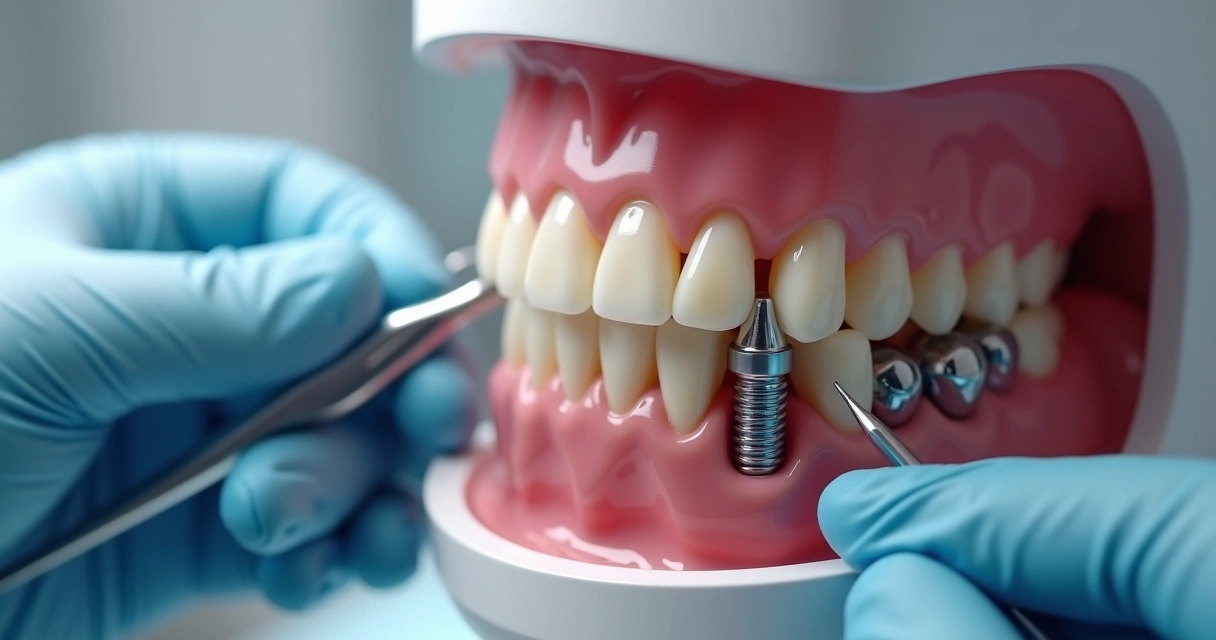 Prótese dentária fixa sendo instalada em boca com implantes dentários visíveis