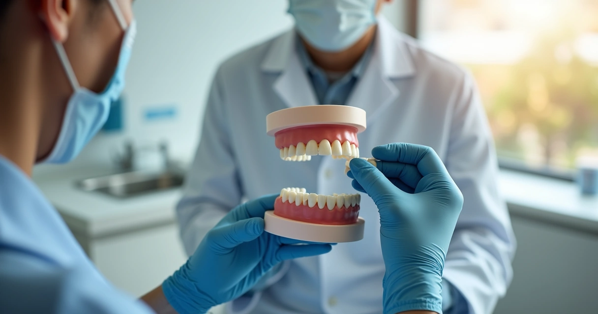 Dentista segurando prótese protocolo de porcelana e explicando para paciente