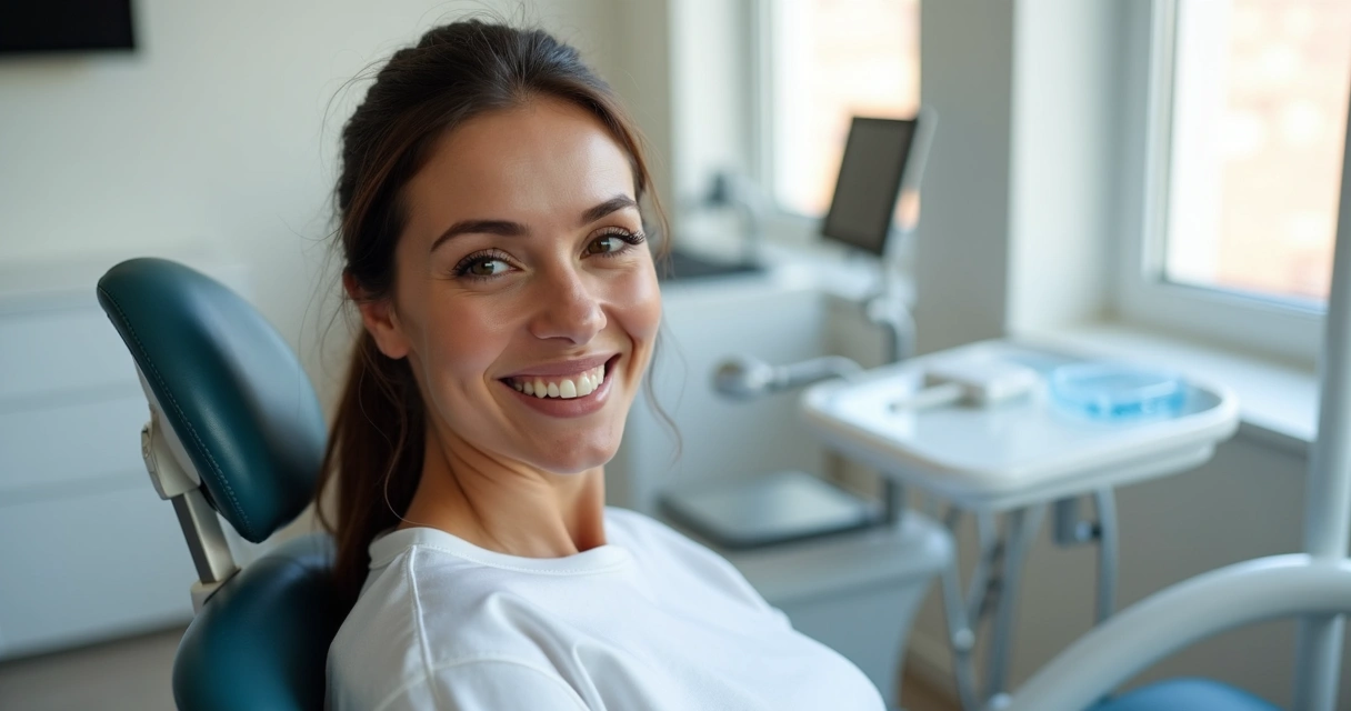 Pessoa sorrindo em consultório mostrando dentes alinhados com implante protocolo 