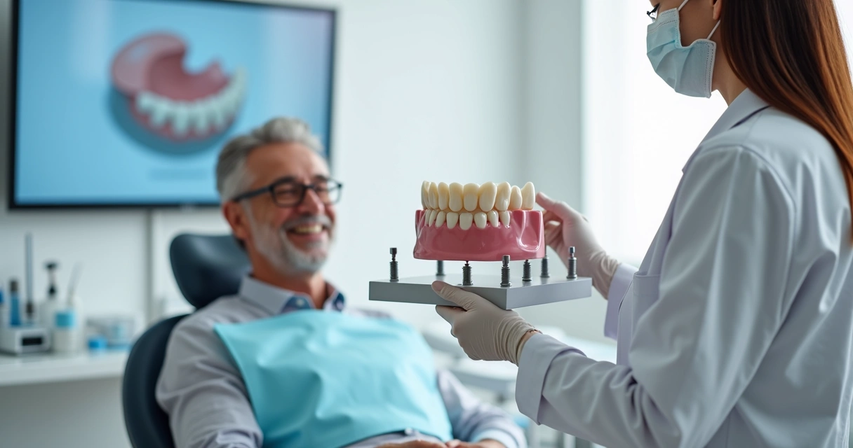 Dentista mostrando prótese protocolo dentário fixa para paciente em consultório moderno 