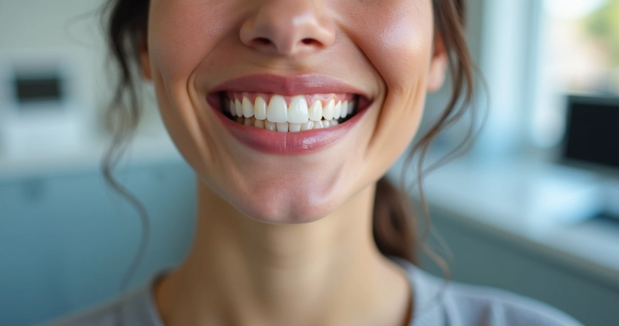 Paciente sorrindo, mostrando prótese dentária fixa - sorriso natural e alinhado 