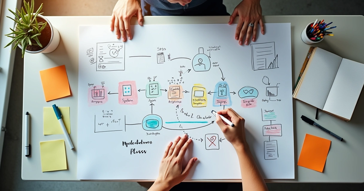 Esquema ilustrativo mostrando uma sequência de etapas em um quadro branco, cada etapa marcada com ícones e anotações coloridas.