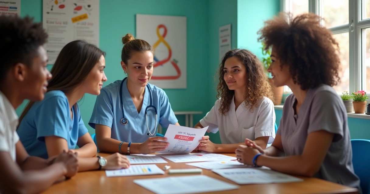 Enfermeira orientando jovens adultos sobre testagem para HIV