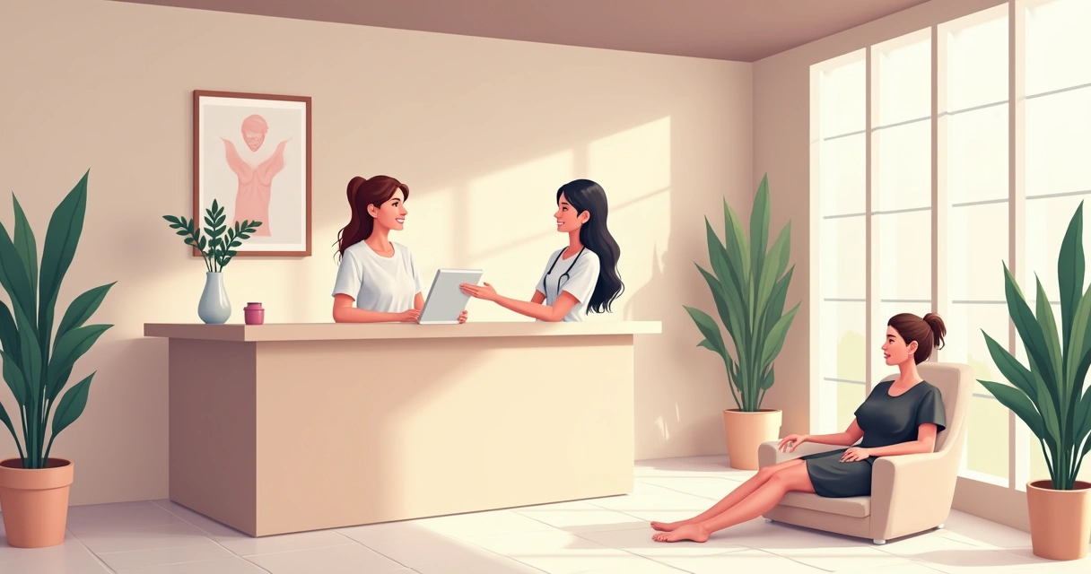 Sala de clínica de estética limpa, moderna e acolhedora, paciente sendo recebida por duas profissionais sorrindo 